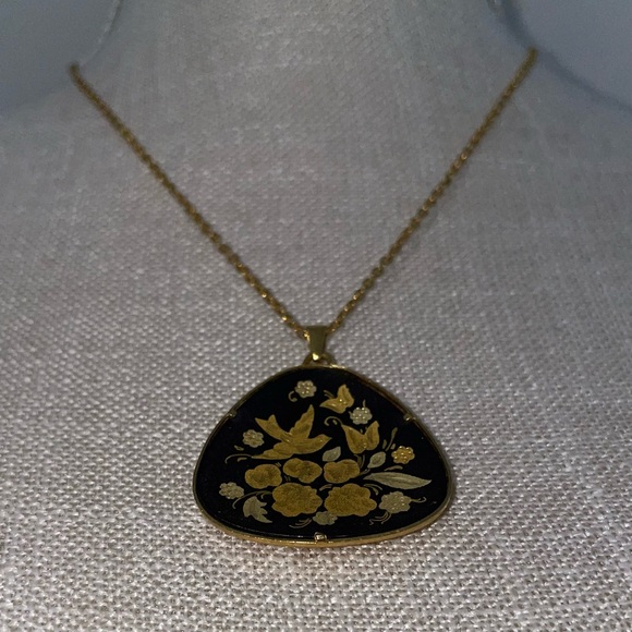 Damascene Spanish Black & Gold-Tone Engraved Inlay Flower Bird Vintage Necklace - Picture 6 of 16